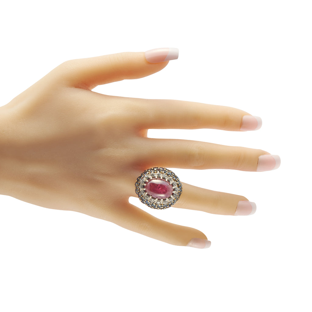 18K Yellow Gold 0.64ct Diamond, Ruby, and Sapphire Ring