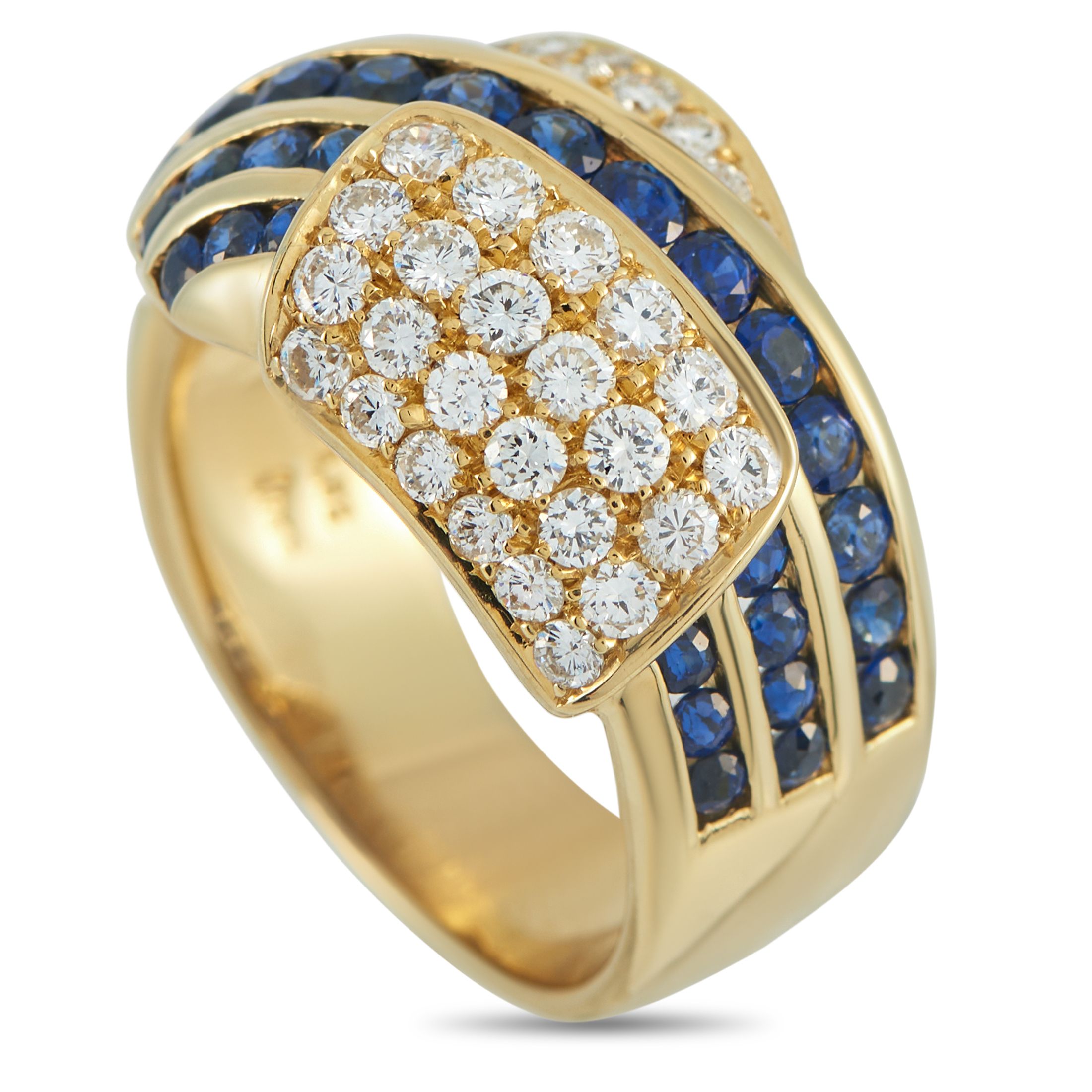 Exclusive 18K Yellow Gold 1.01ct Diamond and Sapphire Ring - Three diagonal channels of tapering blue sapphires flow across the wide band of this yellow gold piece. Panels of round diamo