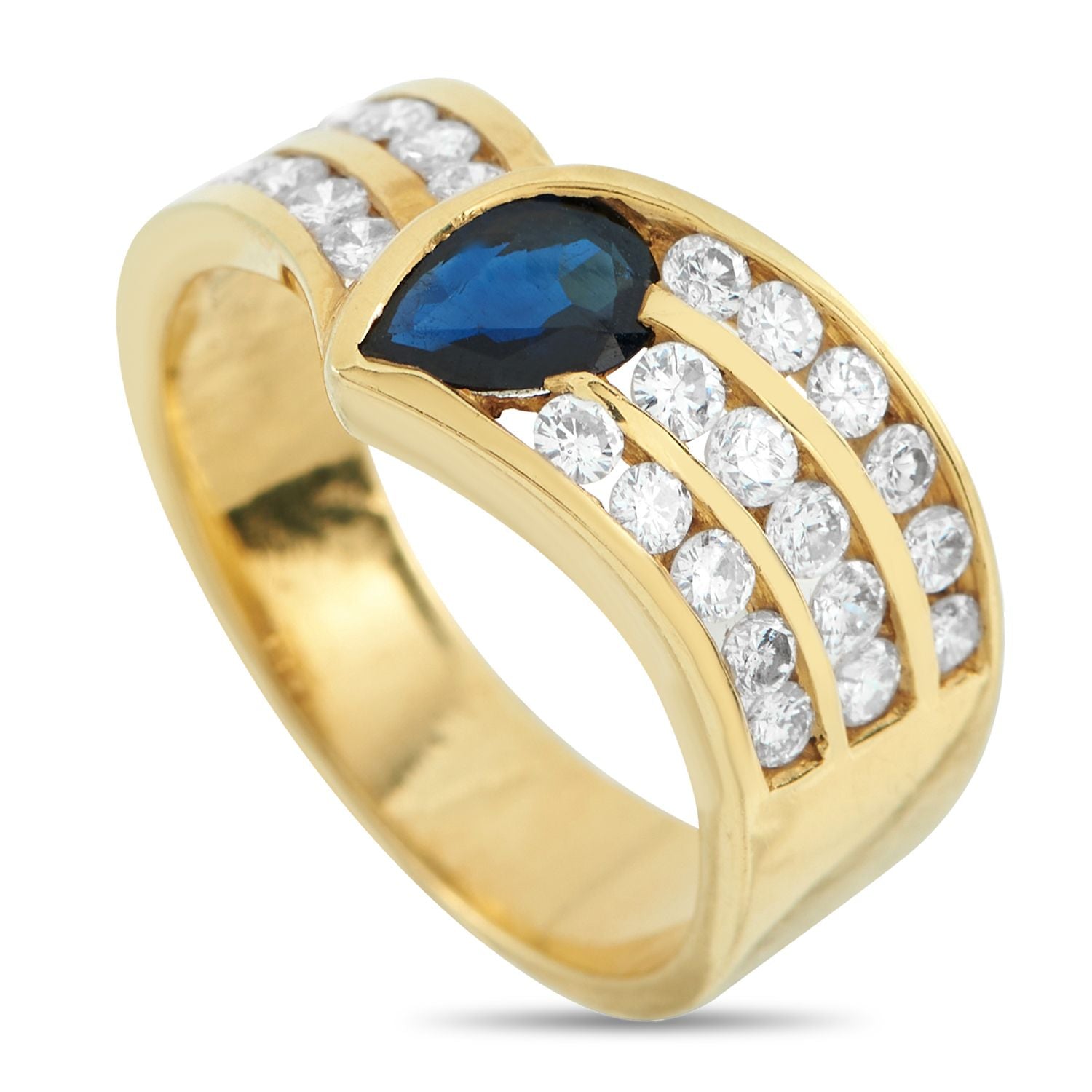 18K Yellow Gold 0.78ct Diamond and Sapphire Ring - A uniquely elegant design will set this luxury ring apart from all other pieces in your collection. The bold 18K Yellow Gold