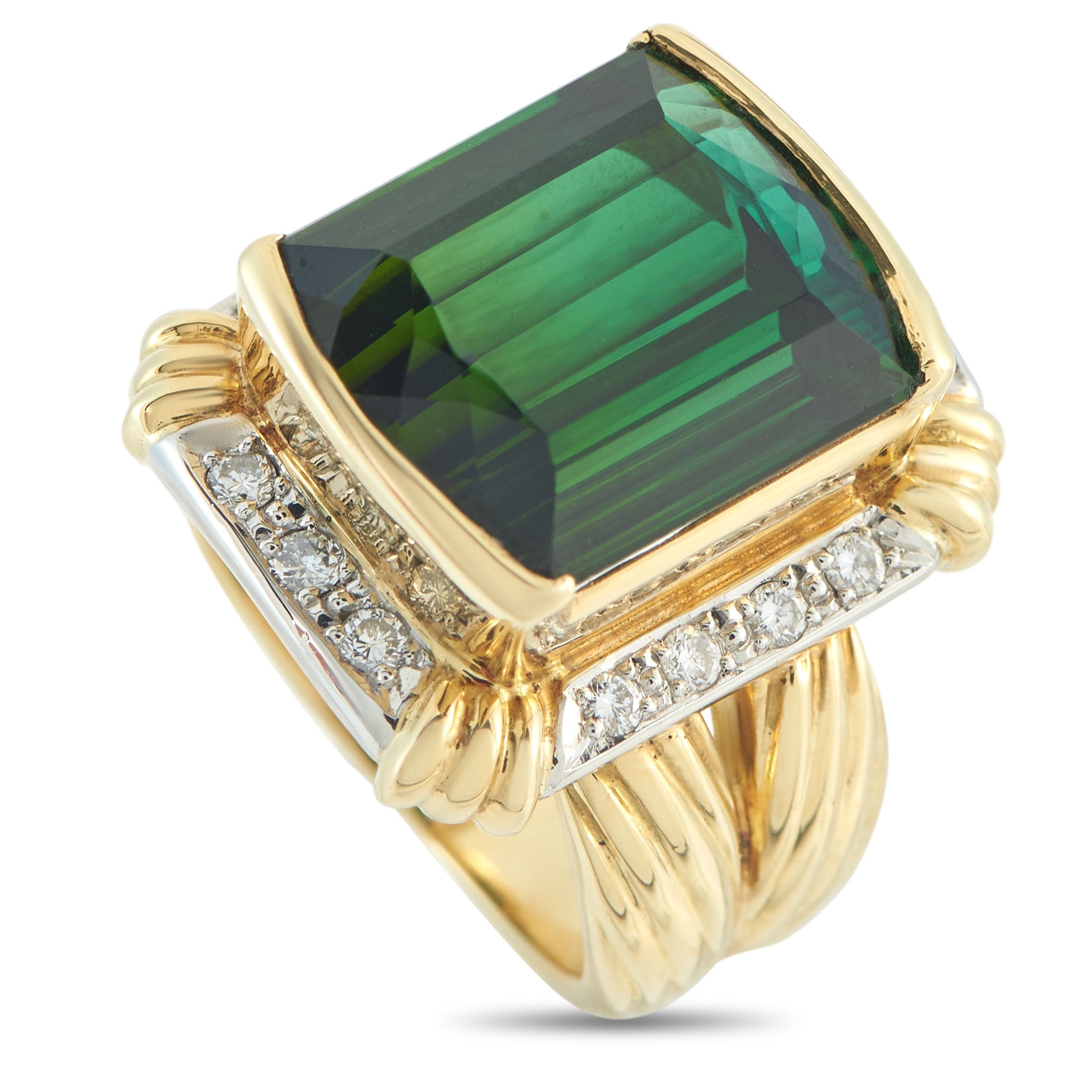 Exclusive 18K Yellow and White Gold 0.28ct Diamond and Tourmaline Ring - This Exclusive  ring showcases a 12.77-carat green tourmaline, bezel-set and elevated above a tiered frame of diamonds. The w