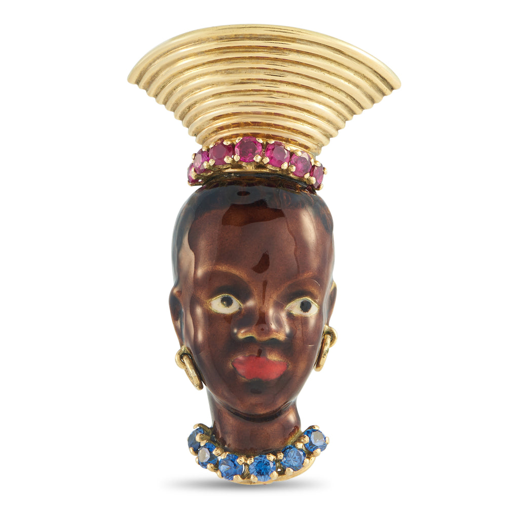 18K Yellow Gold Sapphire, Ruby, and Enamel French Blackamoor Brooch