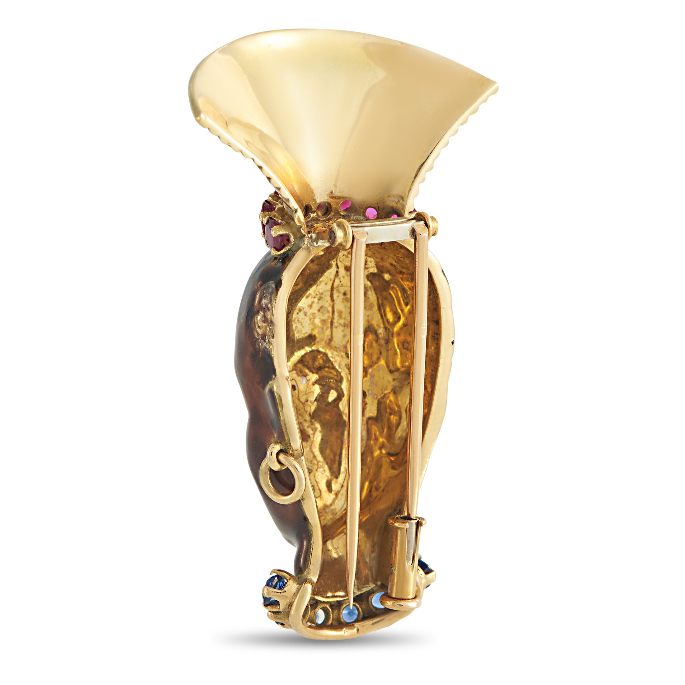 18K Yellow Gold Sapphire, Ruby, and Enamel French Blackamoor Brooch