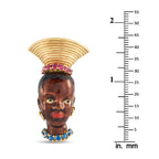18K Yellow Gold Sapphire, Ruby, and Enamel French Blackamoor Brooch
