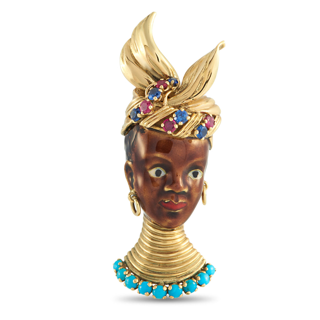 Antique 18K Yellow Gold Sapphire, Ruby, Turquoise, and Enamel French Blackamoor Brooch