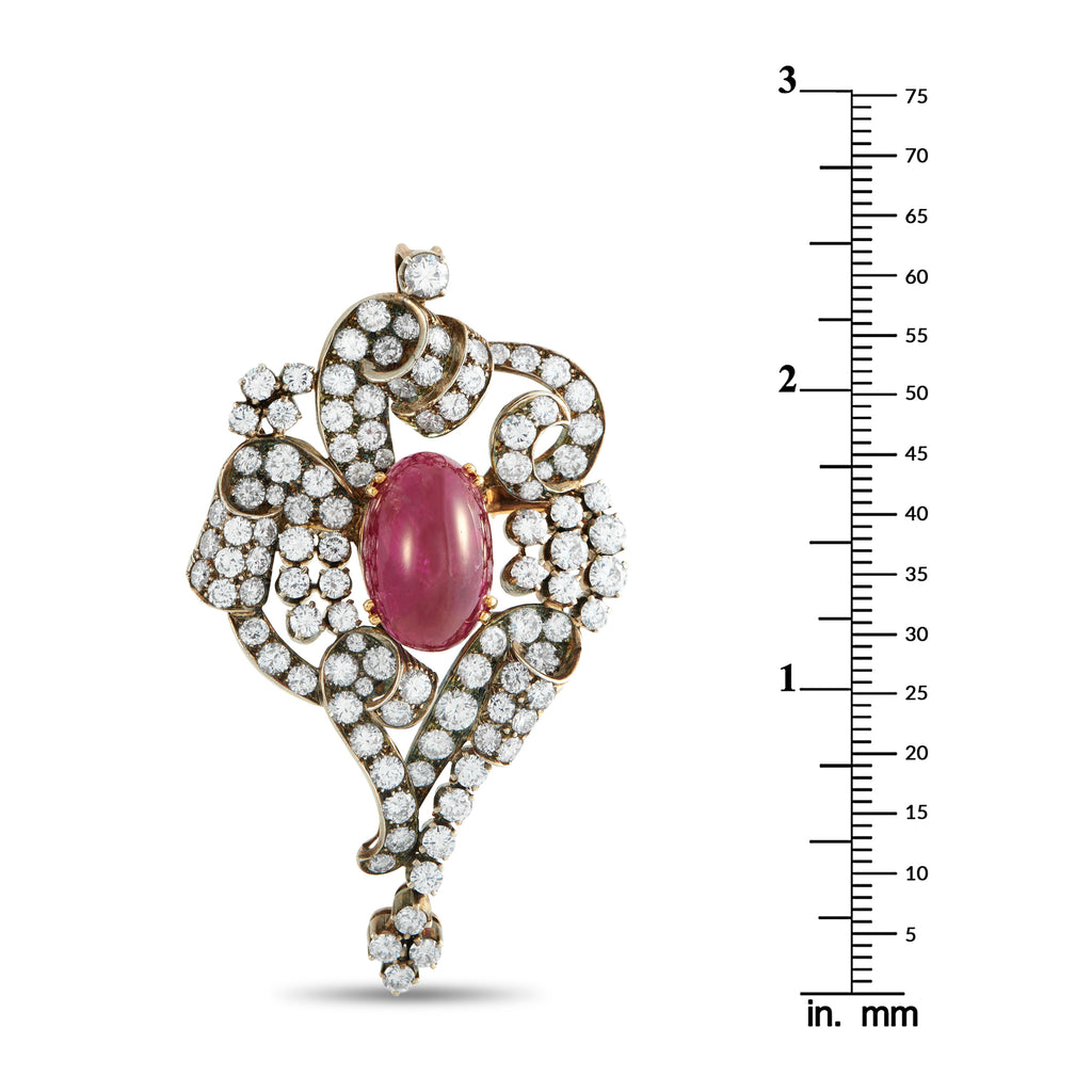 18K Yellow Gold and Silver 6.25ct Diamond and Ruby Brooch