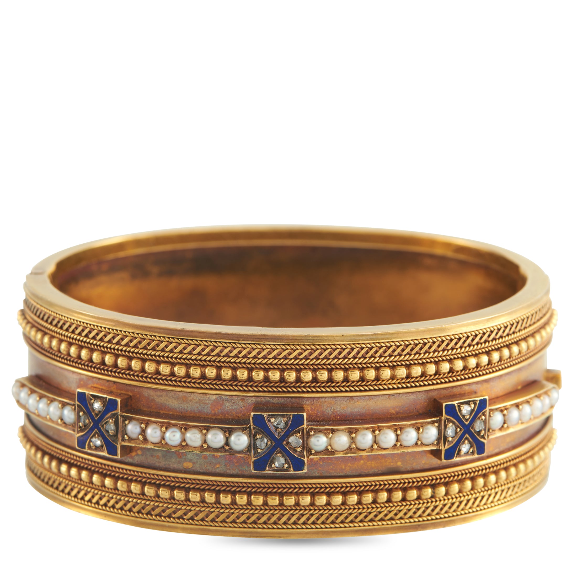 Antique 14K and 22K Yellow Gold Pearl and Enamel Bracelet