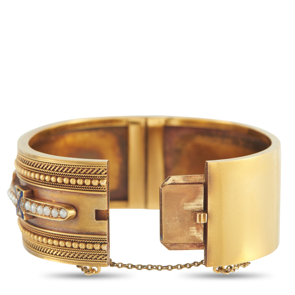 Antique 14K and 22K Yellow Gold Pearl and Enamel Bracelet