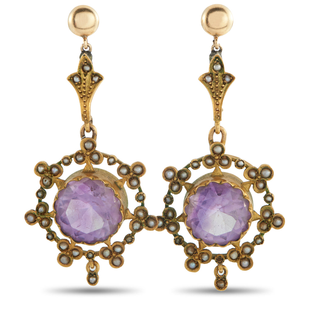 Antique 18K Yellow Gold Amethyst and Seed Pearl Earrings