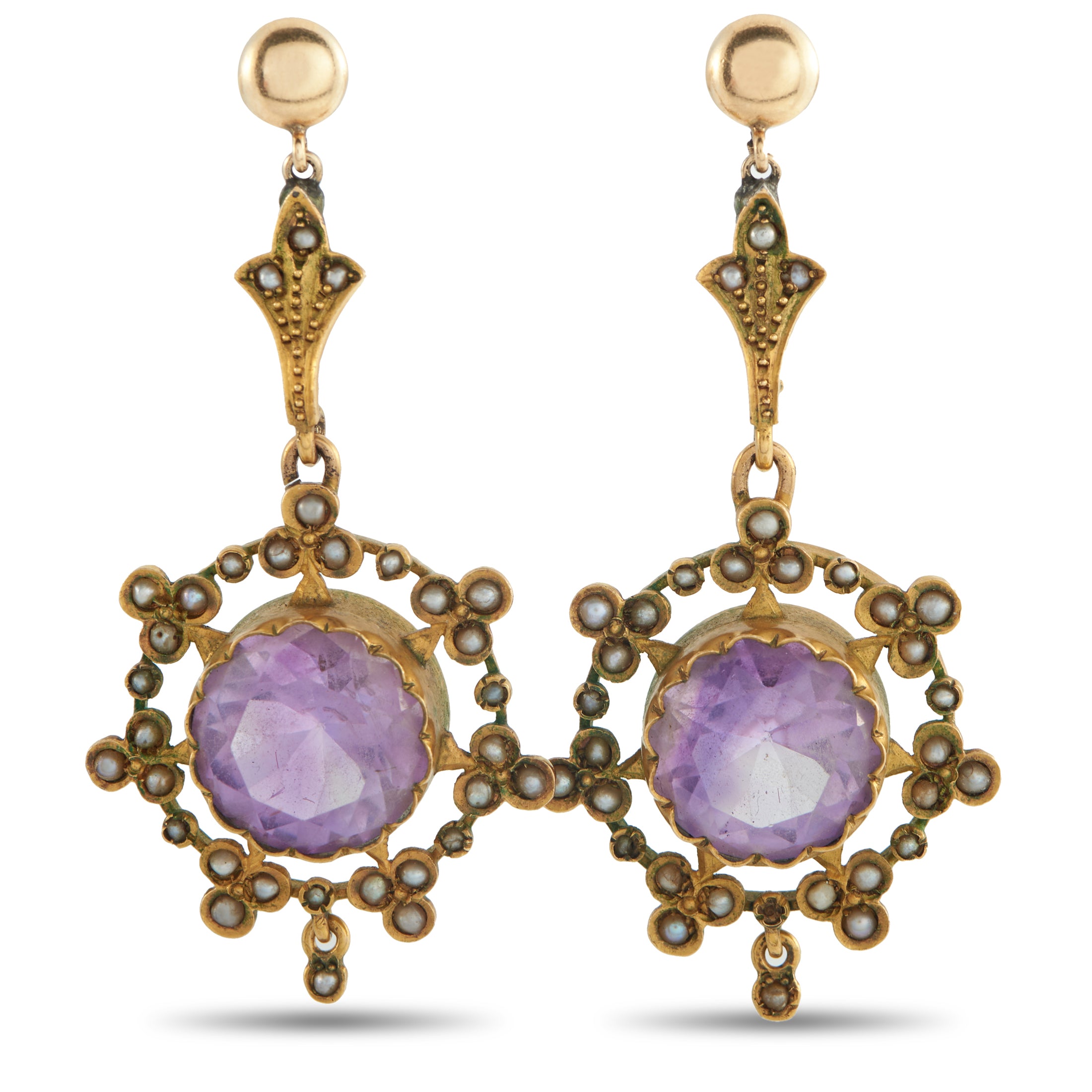 Antique 18K Yellow Gold Amethyst and Seed Pearl Earrings