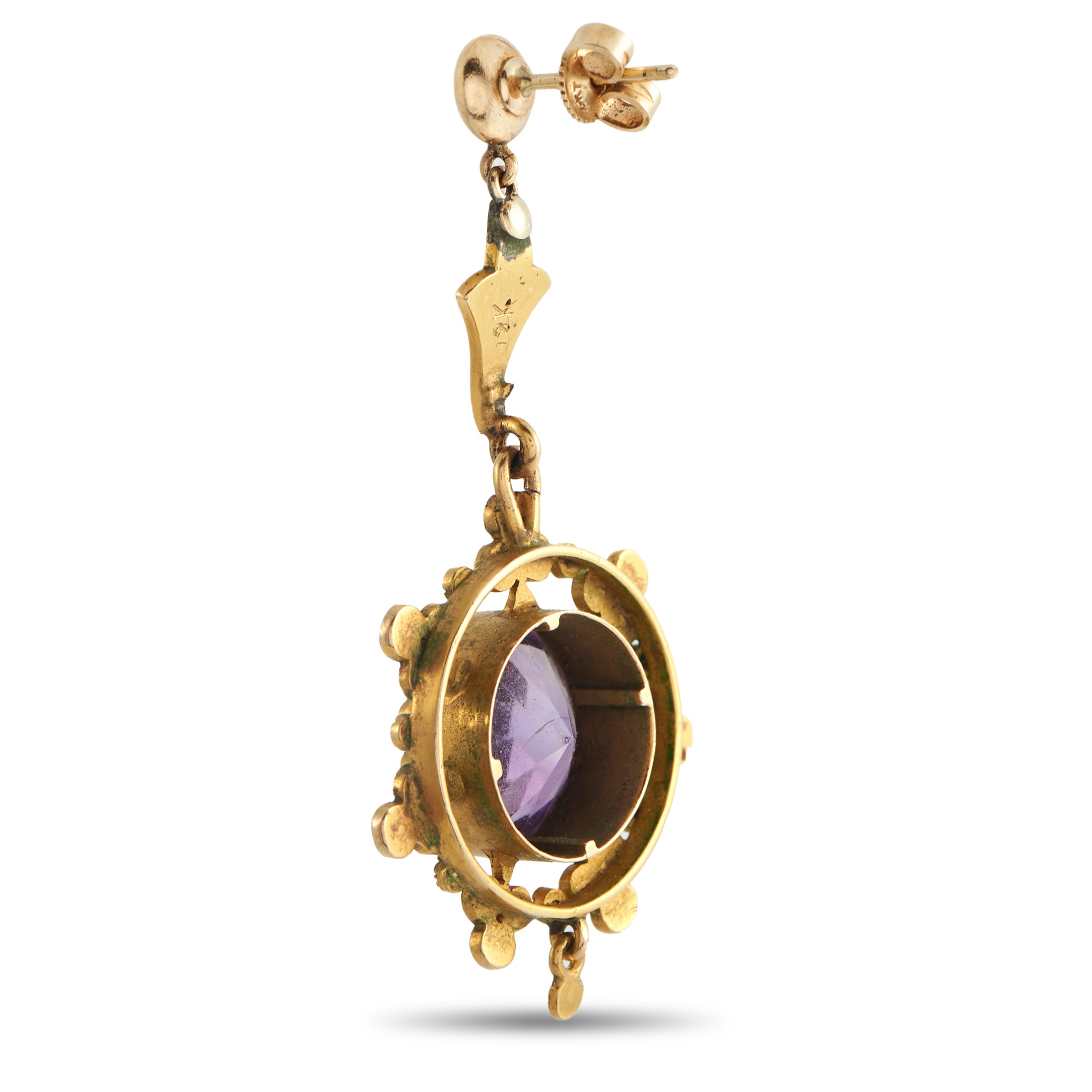 Antique 18K Yellow Gold Amethyst and Seed Pearl Earrings