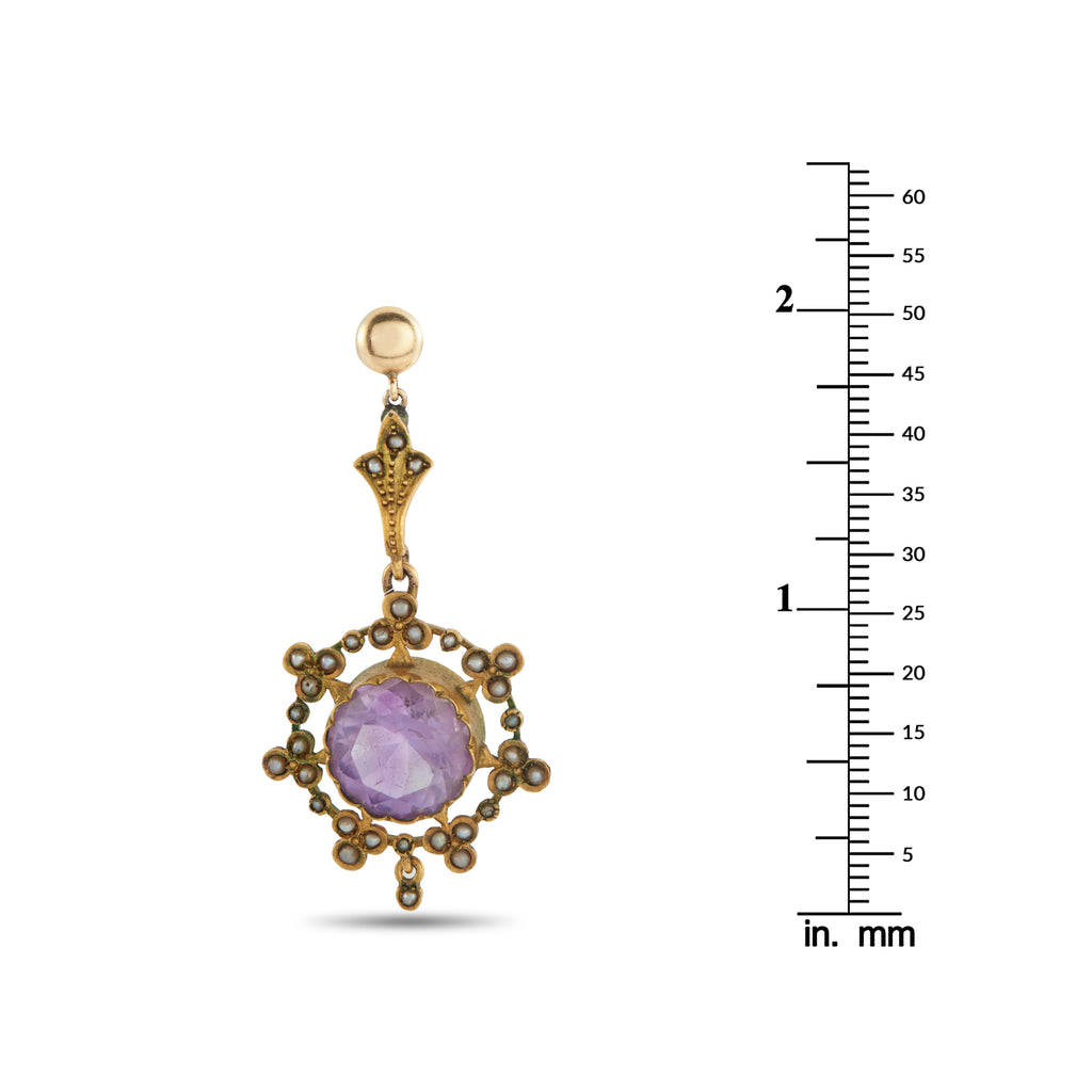 Antique 18K Yellow Gold Amethyst and Seed Pearl Earrings