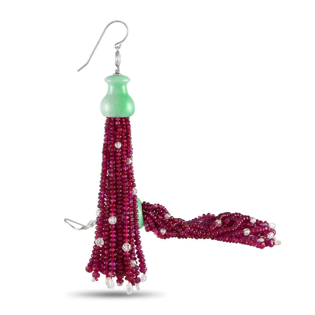 Exclusive 11.50ct Briolette Diamond, Ruby and Jade Tassel Earrings
