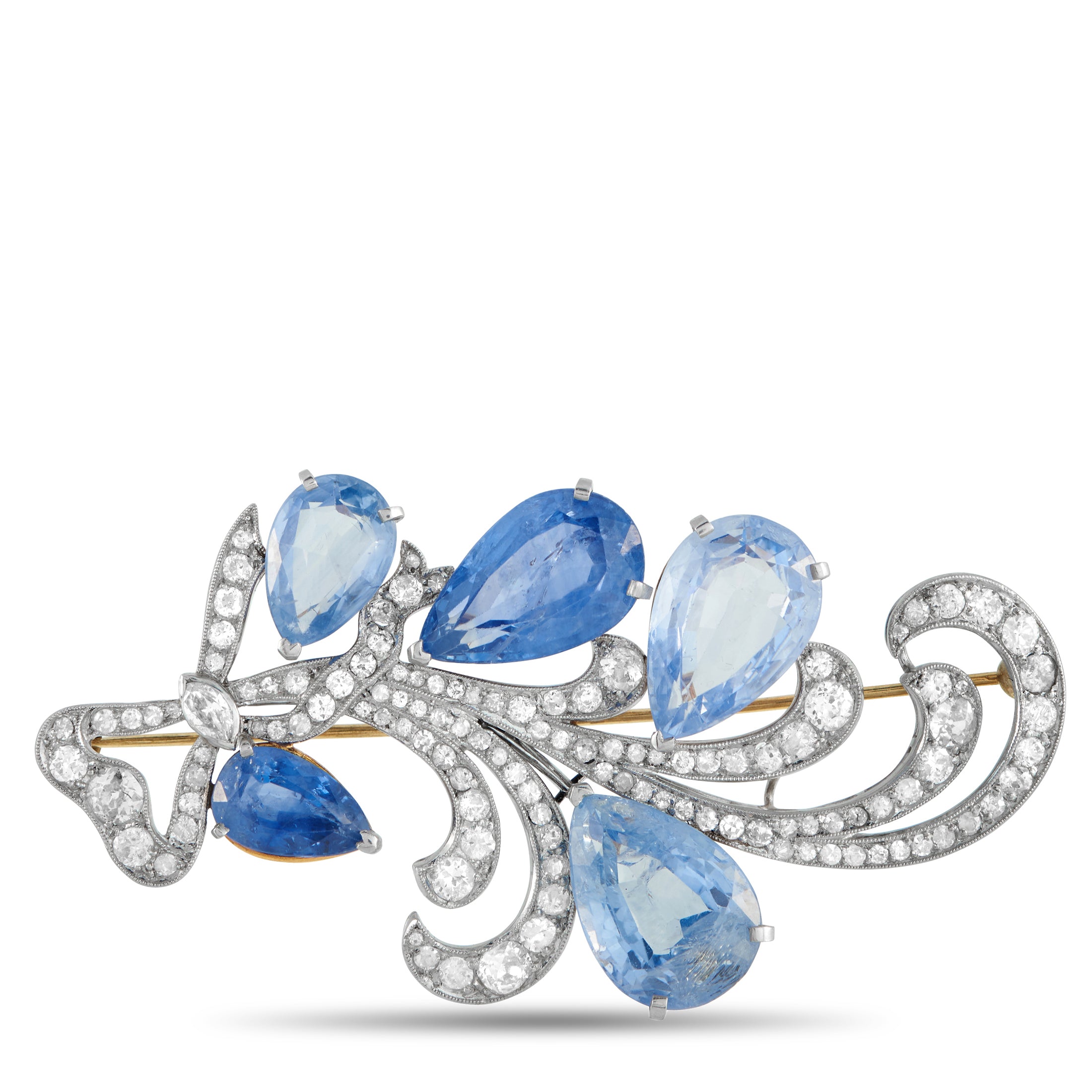 Platinum, 14K Rose Gold 2.20ct Diamond and Sapphire Brooch