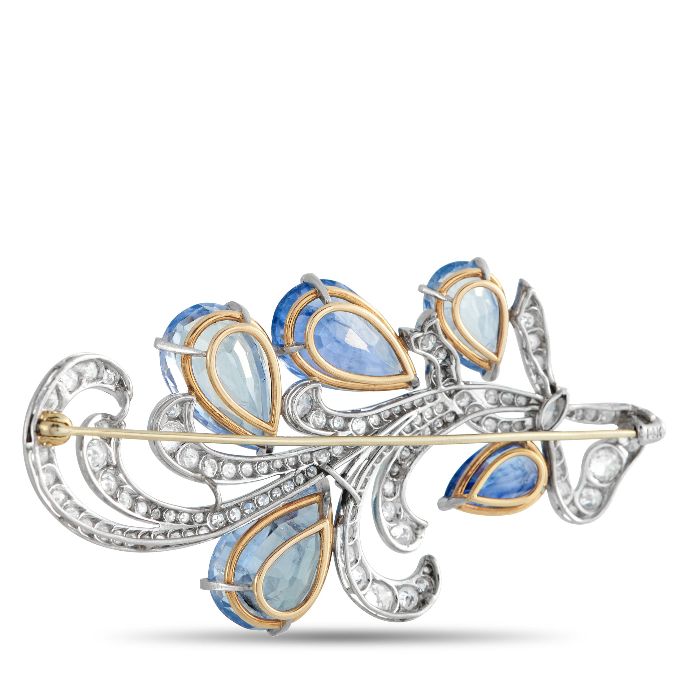 Platinum, 14K Rose Gold 2.20ct Diamond and Sapphire Brooch