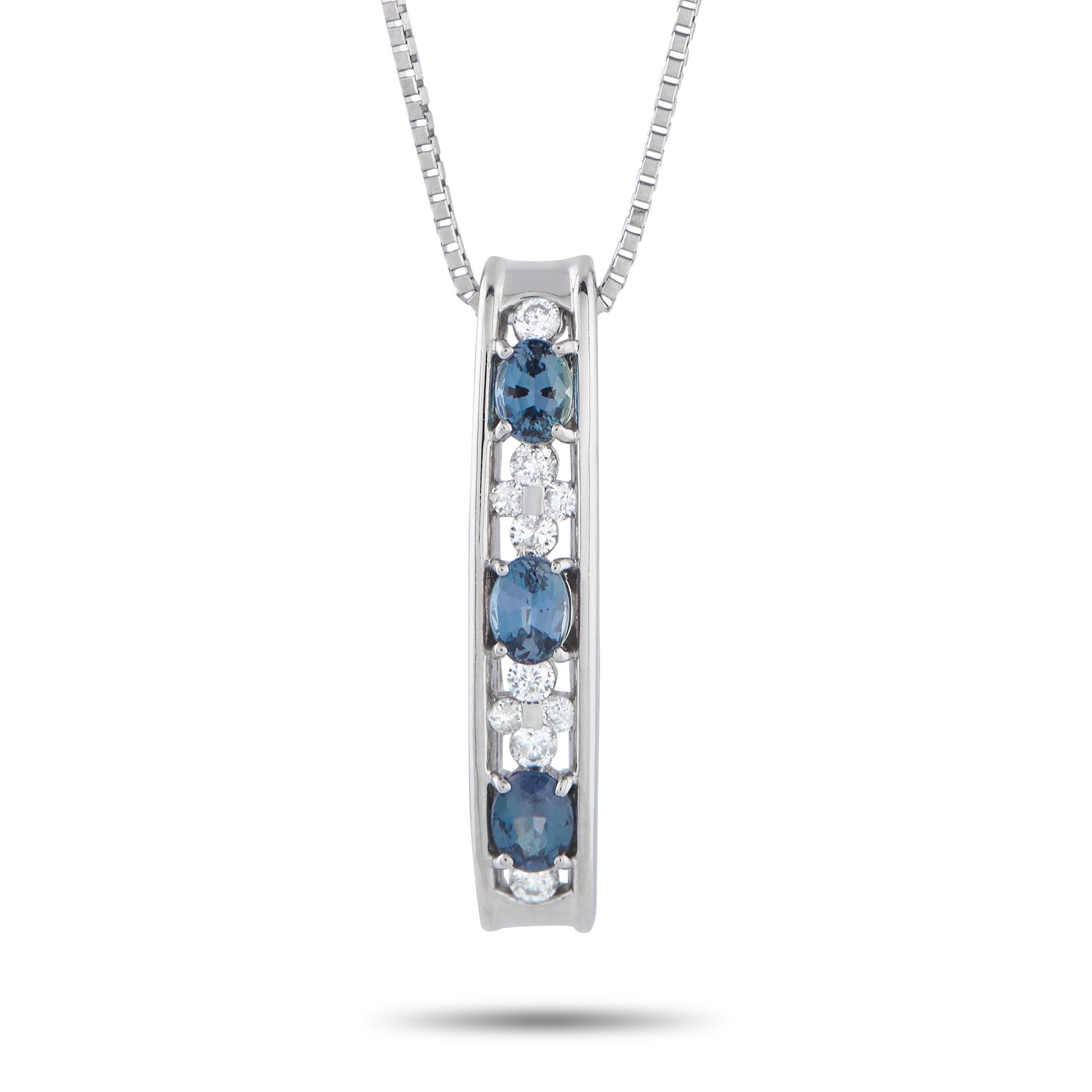 Exclusive Platinum 0.10ct Diamond and Alexandrite Bar Necklace MF11-101525 – A slender vertical bar serves as the pendant of 