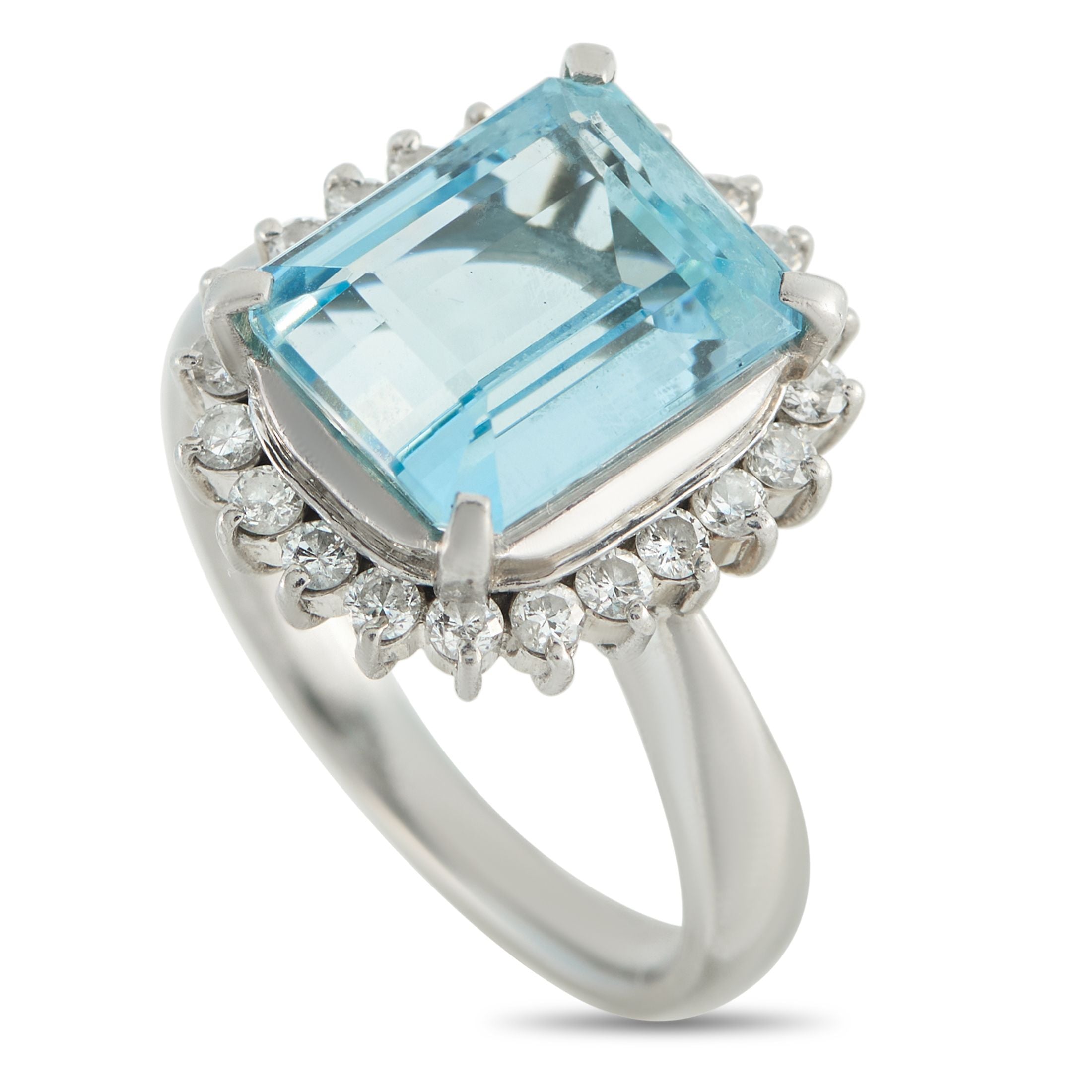 Exclusive Platinum 0.48ct Diamond and Aquamarine Ring - In this Exclusive  ring, a 4.32-carat step-cut aquamarine sits proudly within four refined prongs. Its crisp facets and gentl
