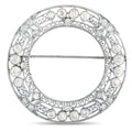 Platinum-tone diamond wreath brooch with round stones and filigree, front pin bar