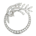 Diamond brooch with oval halo frame and leaf design, round brilliant-cut stones, silver tone