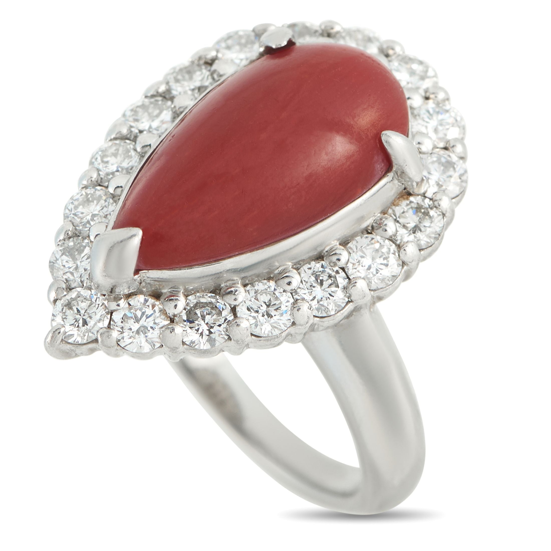 Exclusive Platinum 1.27ct Diamond and Coral Ring - In this Exclusive  ring, the 5.19-carat coral cabochon takes center stage with its vivid hue, smooth surface, and teardrop sh