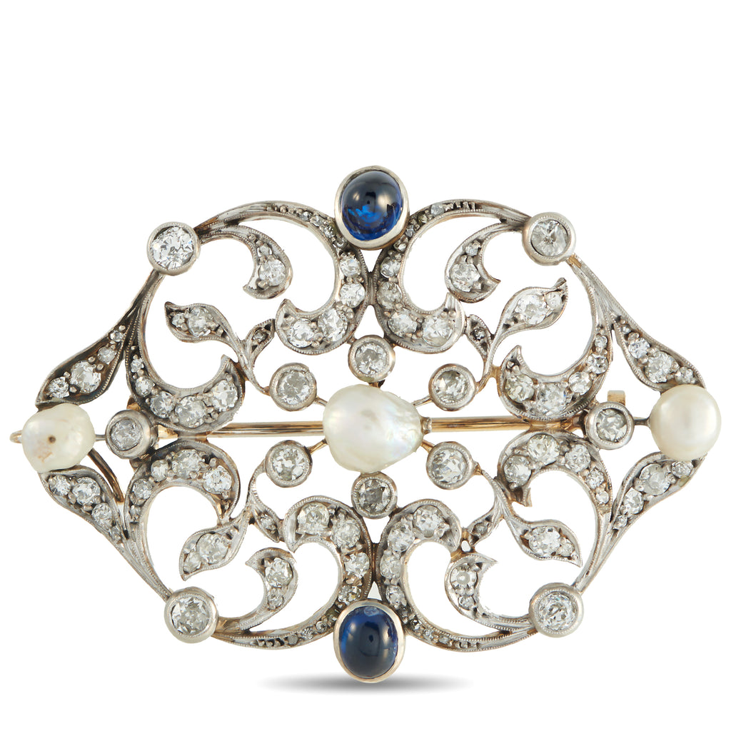 Platinum 4.0ct Diamond, Sapphire, and Natural Pearl Brooch