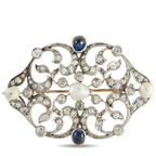 Platinum 4.0ct Diamond, Sapphire, and Natural Pearl Brooch