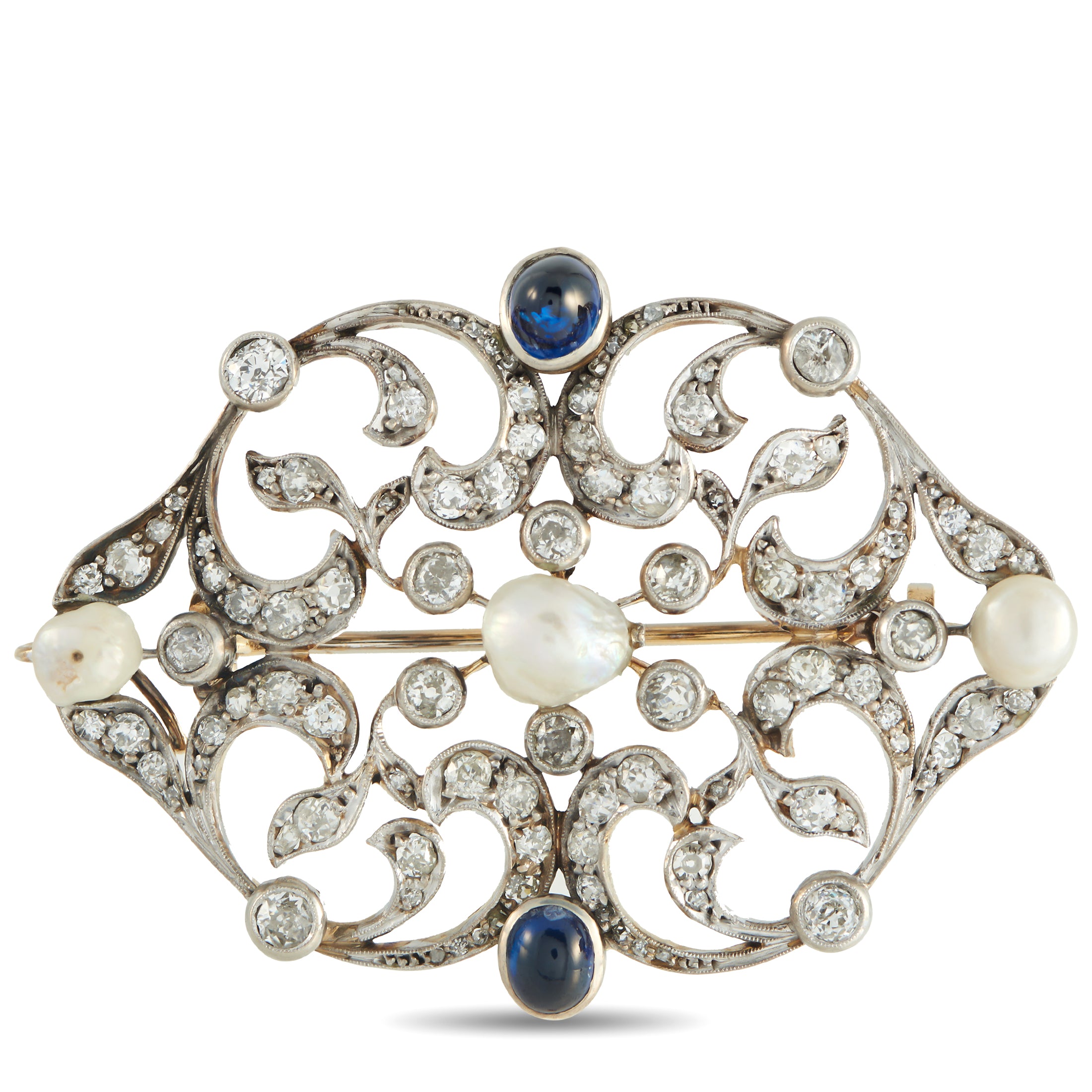 Platinum 4.0ct Diamond, Sapphire, and Natural Pearl Brooch