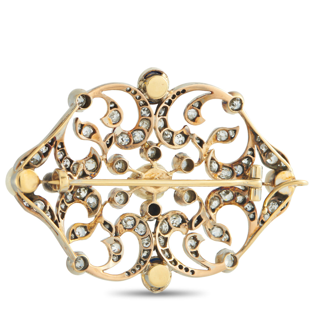 Platinum 4.0ct Diamond, Sapphire, and Natural Pearl Brooch