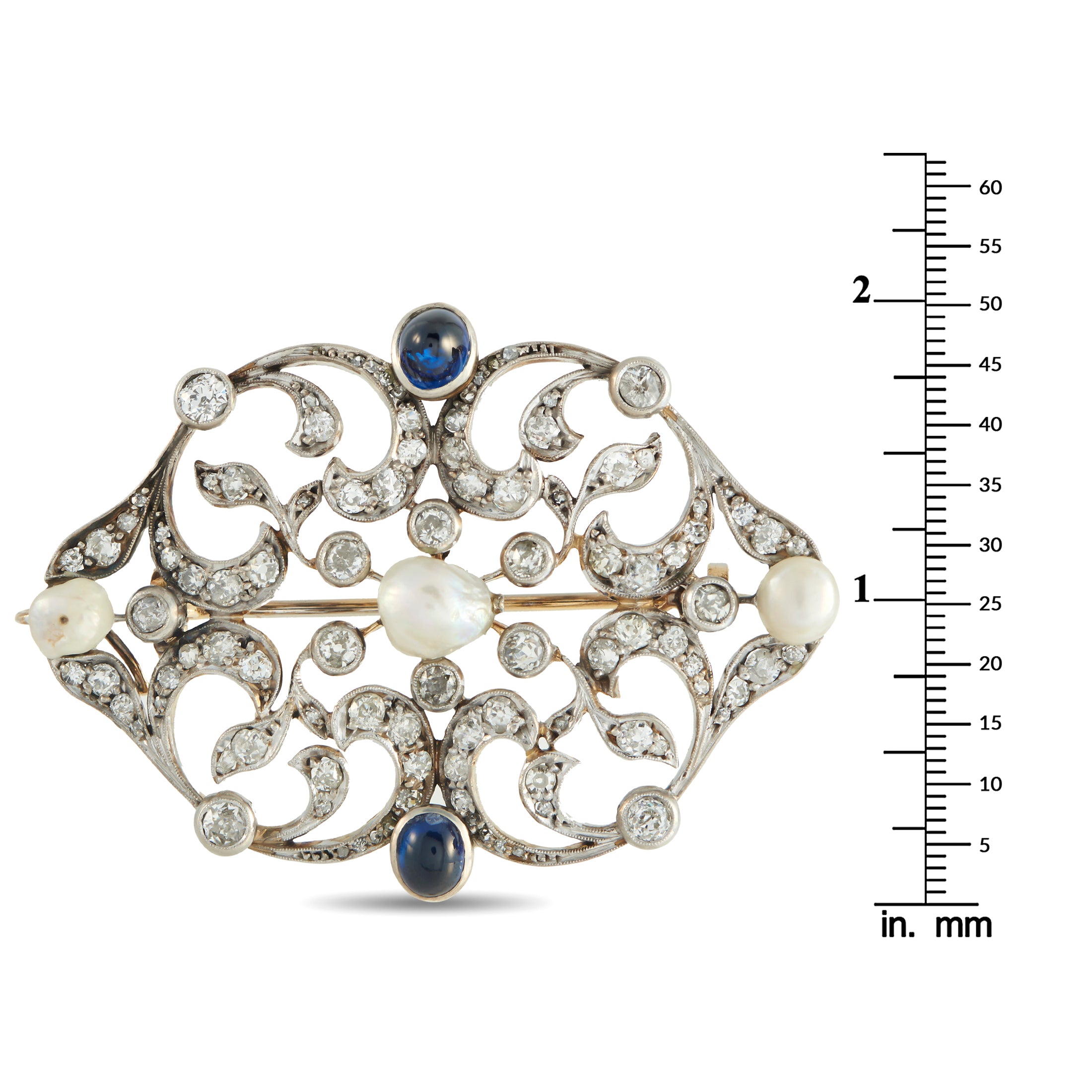 Platinum 4.0ct Diamond, Sapphire, and Natural Pearl Brooch