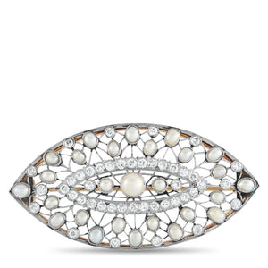 Platinum, Silver 1.30ct Diamond and Pearl Brooch