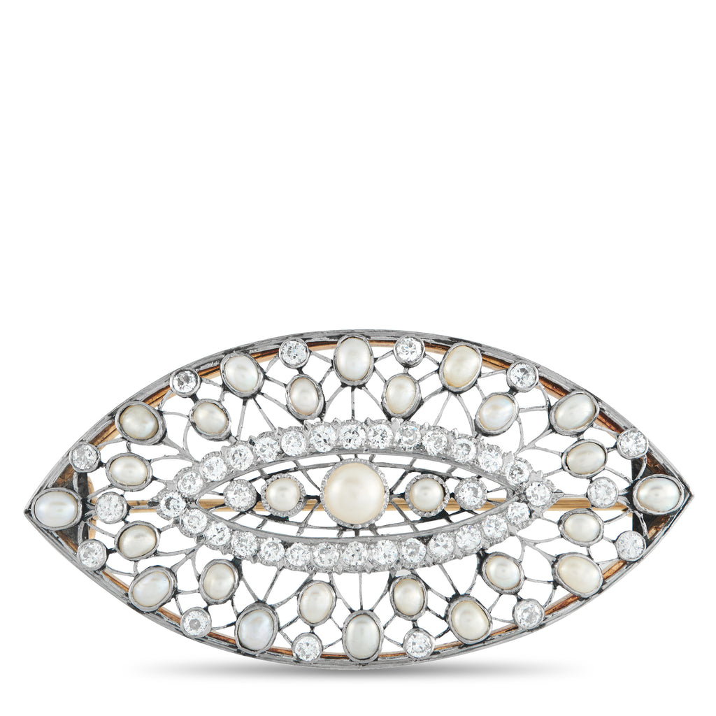 Platinum, Silver 1.30ct Diamond and Pearl Brooch