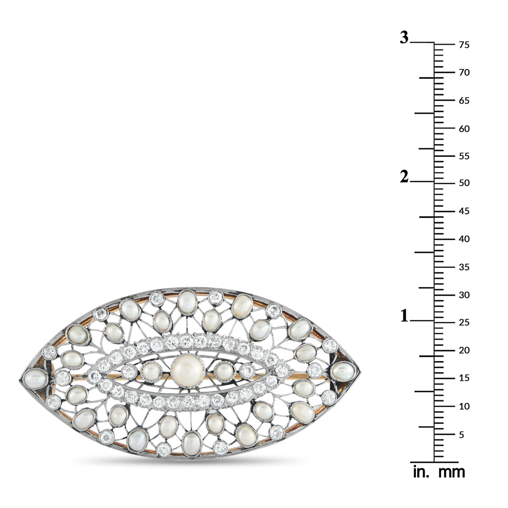 Platinum, Silver 1.30ct Diamond and Pearl Brooch