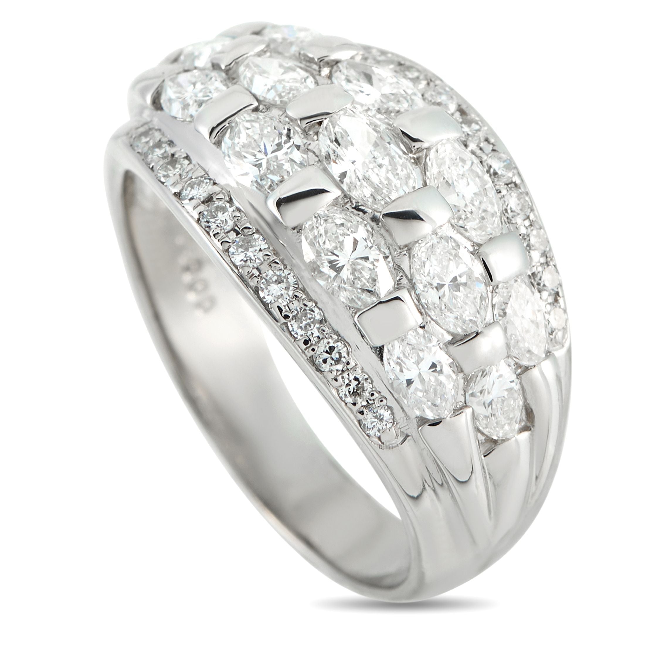 Exclusive Platinum 2.03ct Diamond Dome Ring - This platinum dome ring catches light in sculpted succession. Three rows of marquise diamonds, totaling 2.03 carats, arc acro