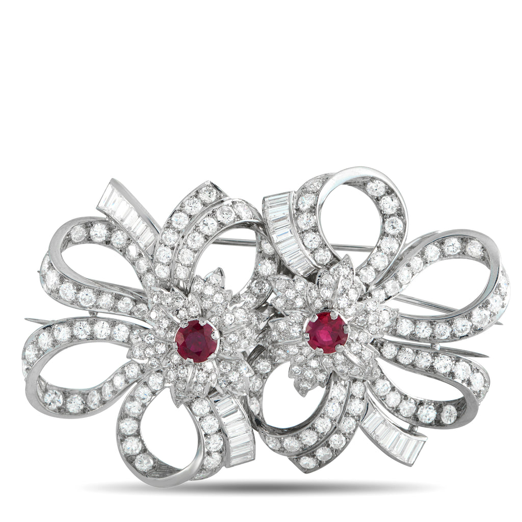 Platinum 11.10ct Diamond and Ruby Bow and Bloom Brooch