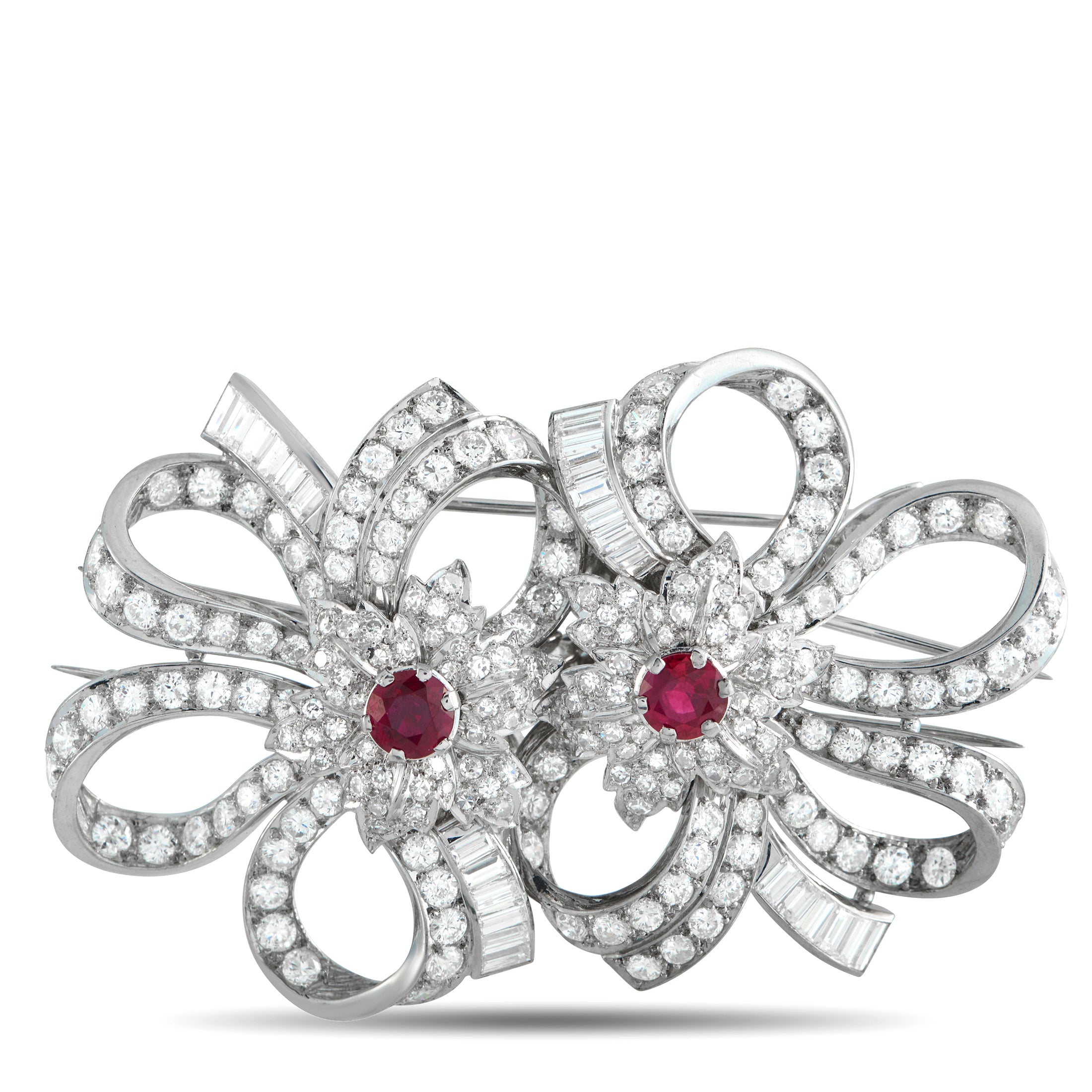 Platinum 11.10ct Diamond and Ruby Bow and Bloom Brooch