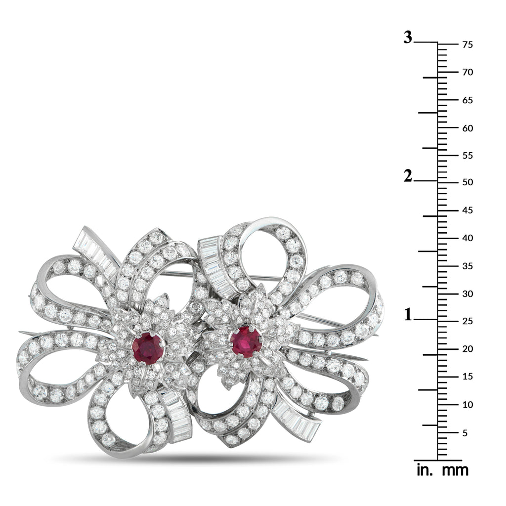 Platinum 11.10ct Diamond and Ruby Bow and Bloom Brooch