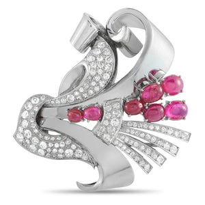 Platinum 2.10ct Diamond and Ruby Retro Brooch