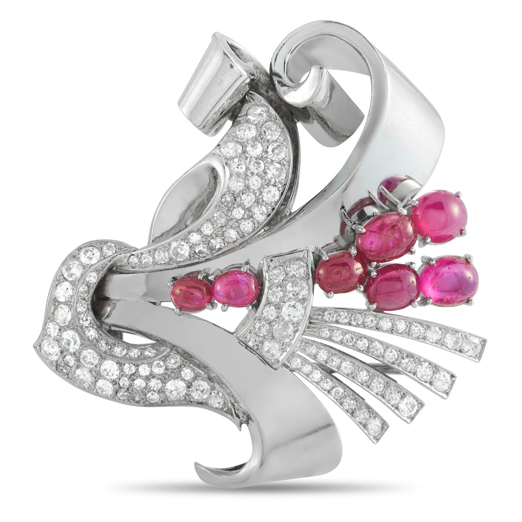 Platinum 2.10ct Diamond and Ruby Retro Brooch