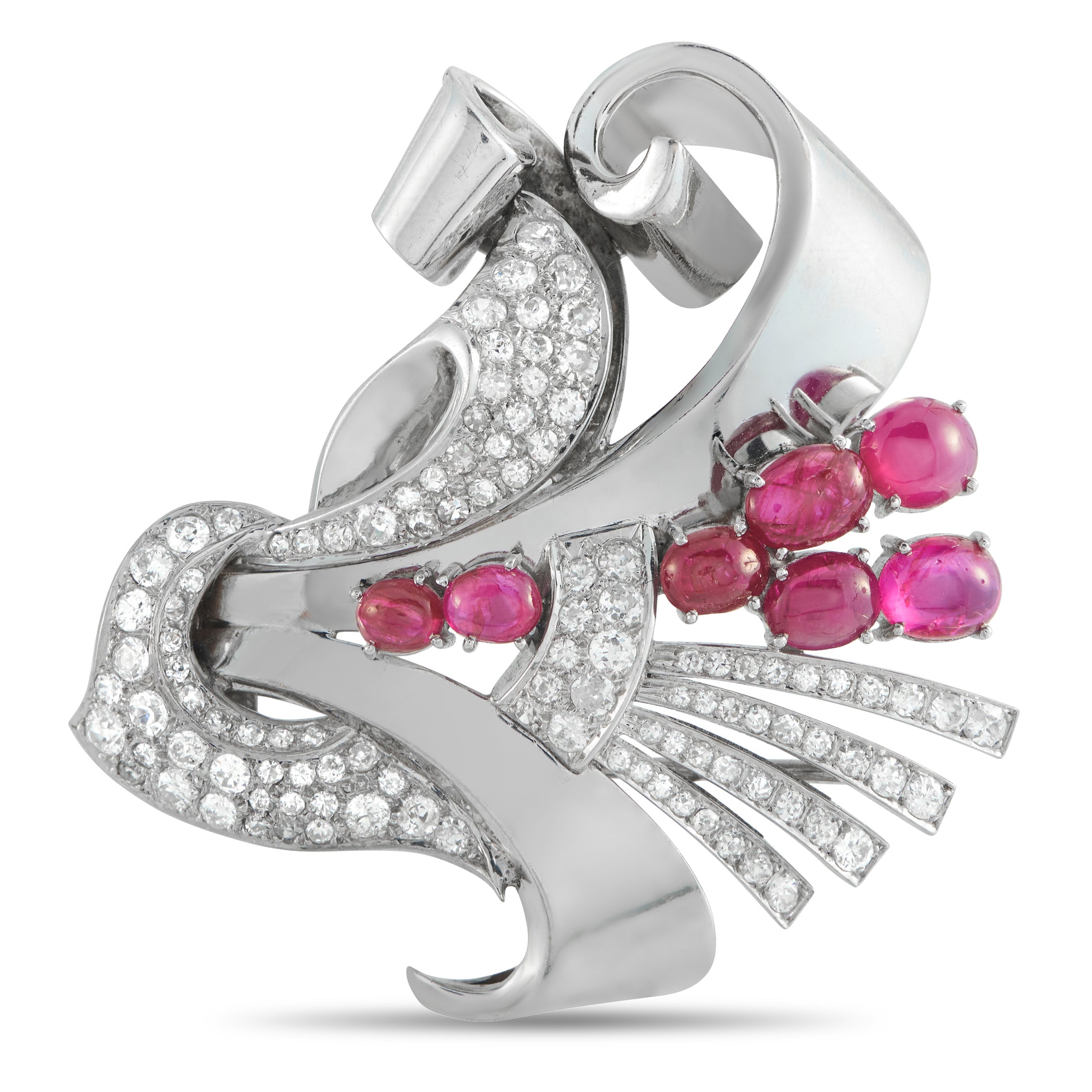 Platinum 2.10ct Diamond and Ruby Retro Brooch