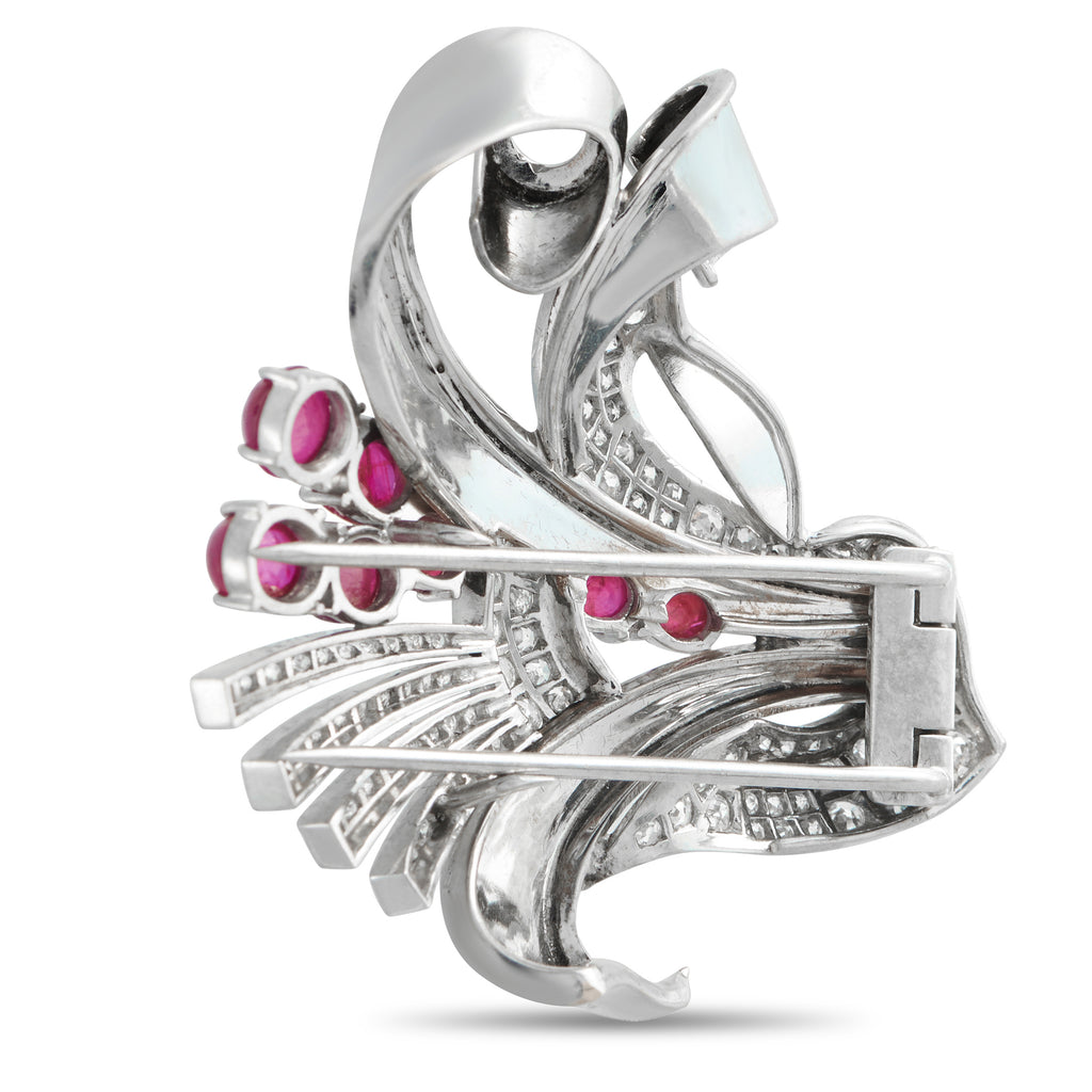 Platinum 2.10ct Diamond and Ruby Retro Brooch