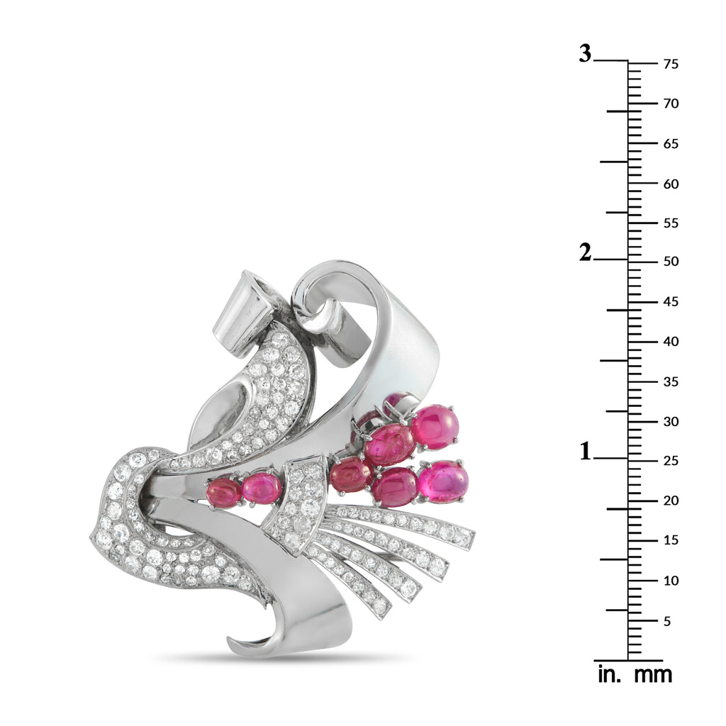 Platinum 2.10ct Diamond and Ruby Retro Brooch