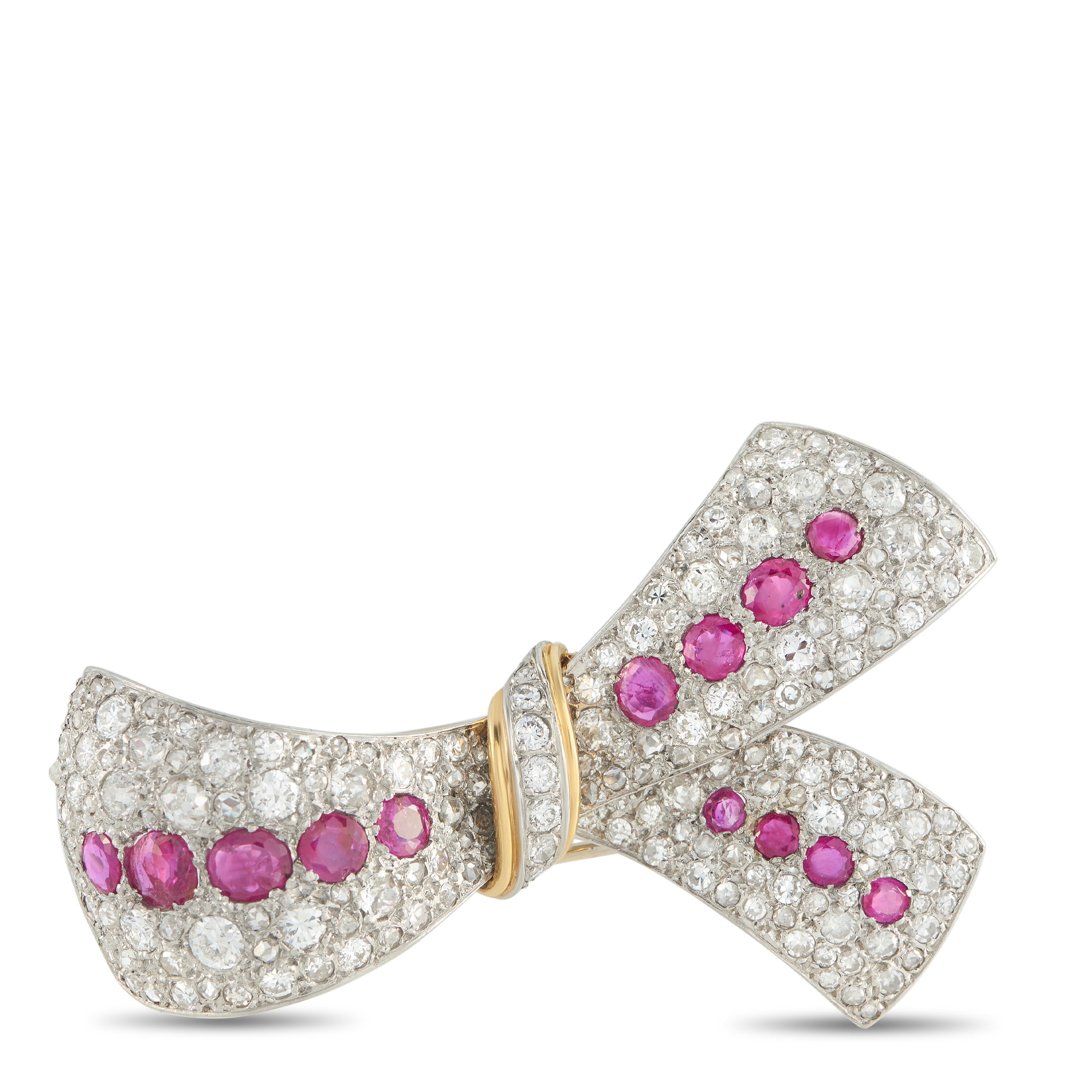 Platinum and 18K Yellow Gold 5.50ct Diamond and Ruby Bow Brooch