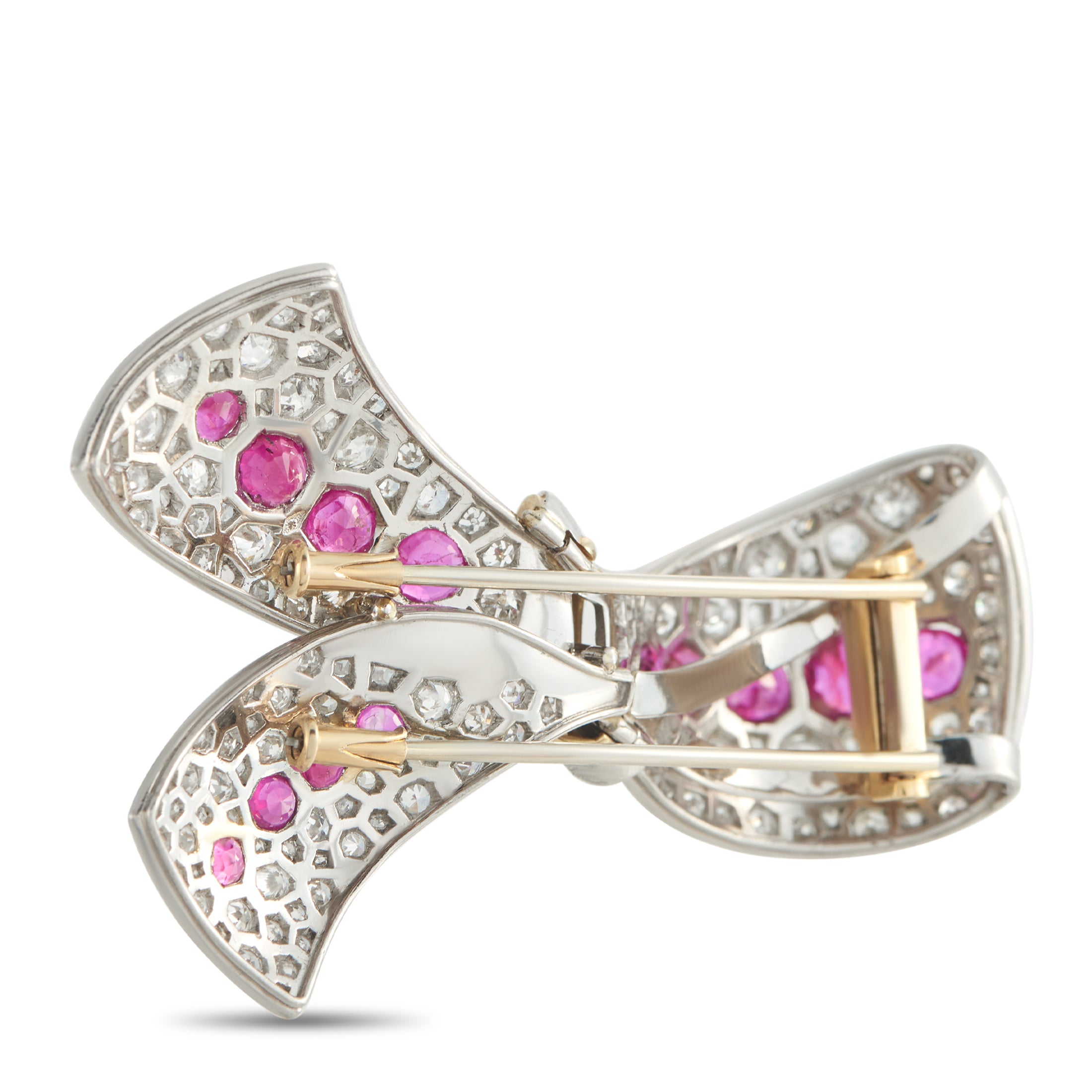 Platinum and 18K Yellow Gold 5.50ct Diamond and Ruby Bow Brooch