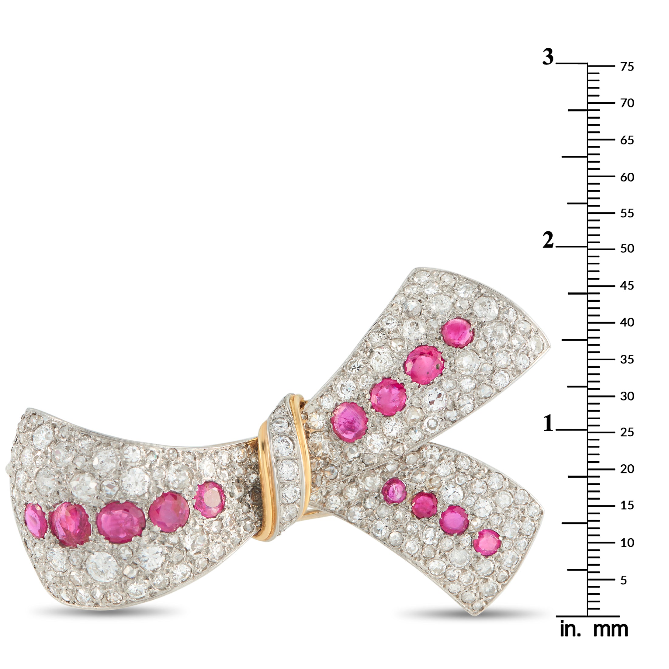 Platinum and 18K Yellow Gold 5.50ct Diamond and Ruby Bow Brooch