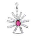 Platinum starburst pendant with round pink ruby center and baguette diamond accents