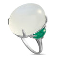 Oval opal-like stone statement ring with green teardrop accent in silver prongs