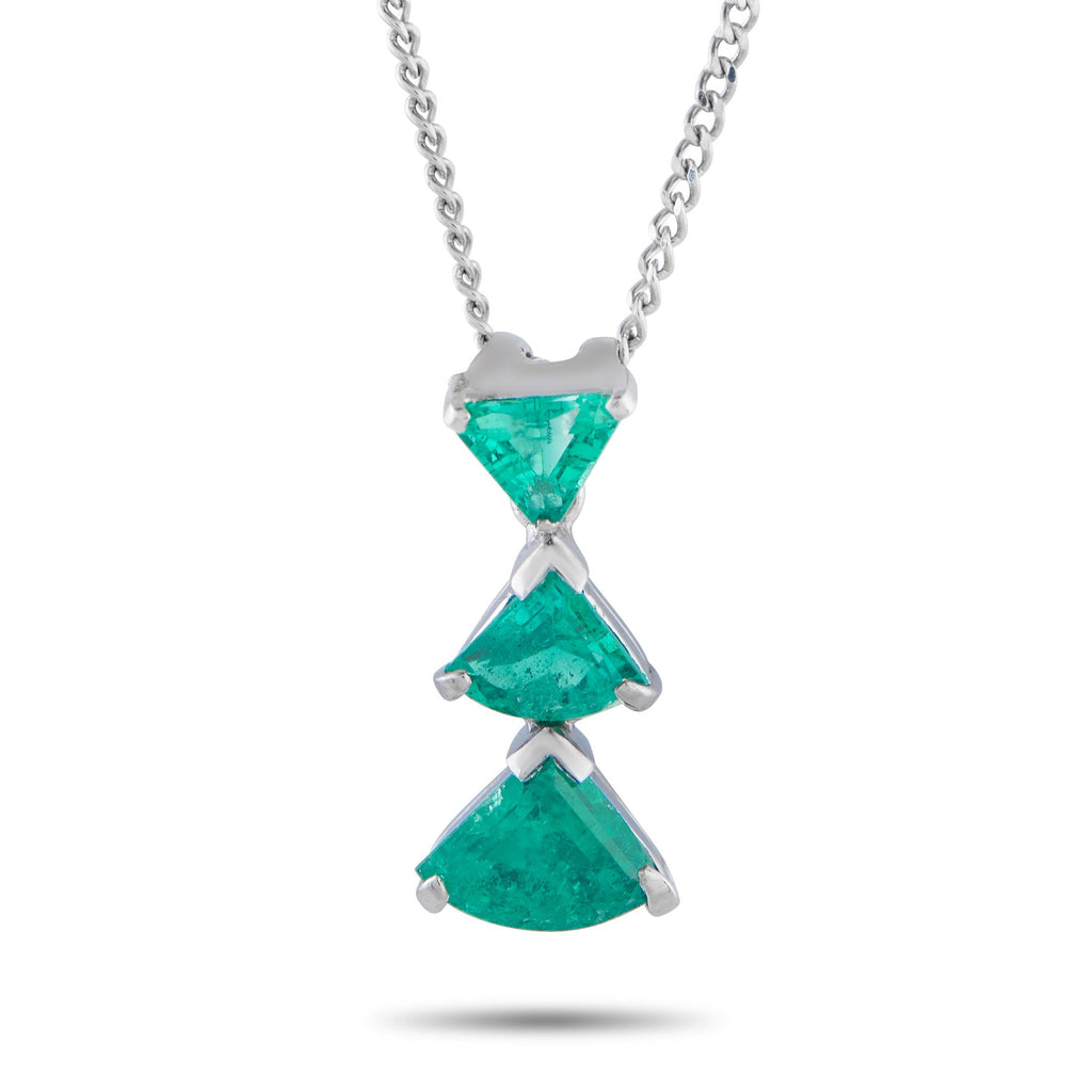 Exclusive Platinum 1.15ct Emerald Trio Necklace MF05-101725 – Three triangle-cut emeralds bring grace and a sense of rhythm t