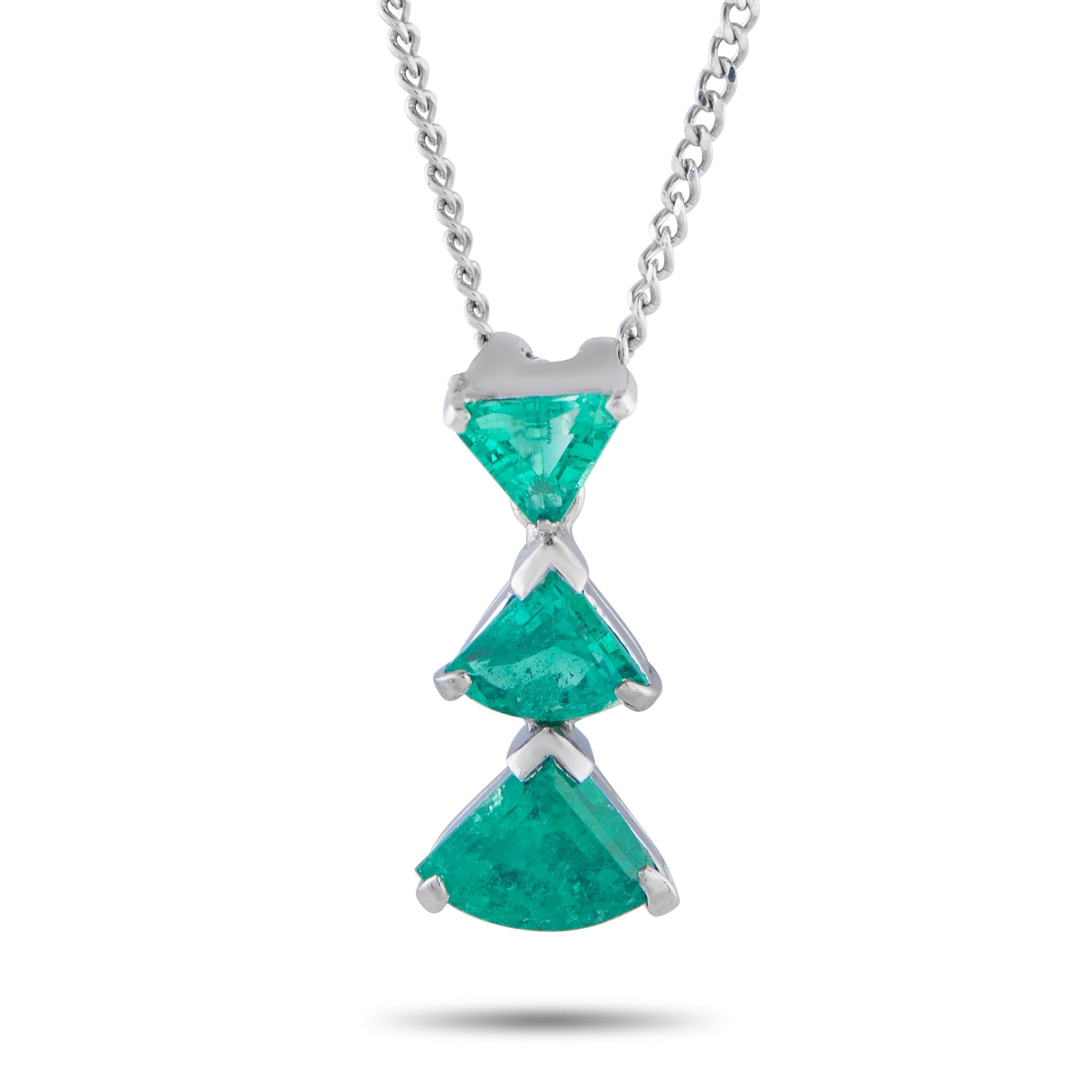 Exclusive Platinum 1.15ct Emerald Trio Necklace MF05-101725 – Three triangle-cut emeralds bring grace and a sense of rhythm t