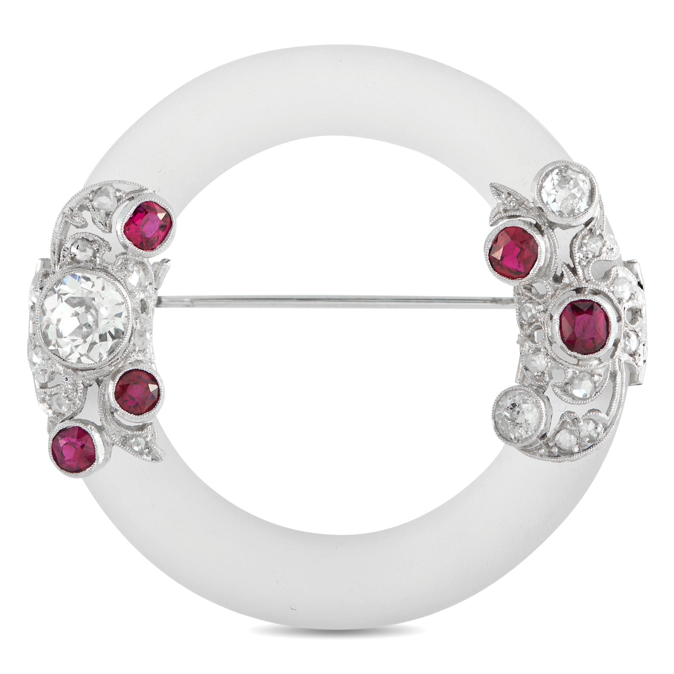 Art Deco 18K White Gold 1.50ct Diamond and Ruby Brooch