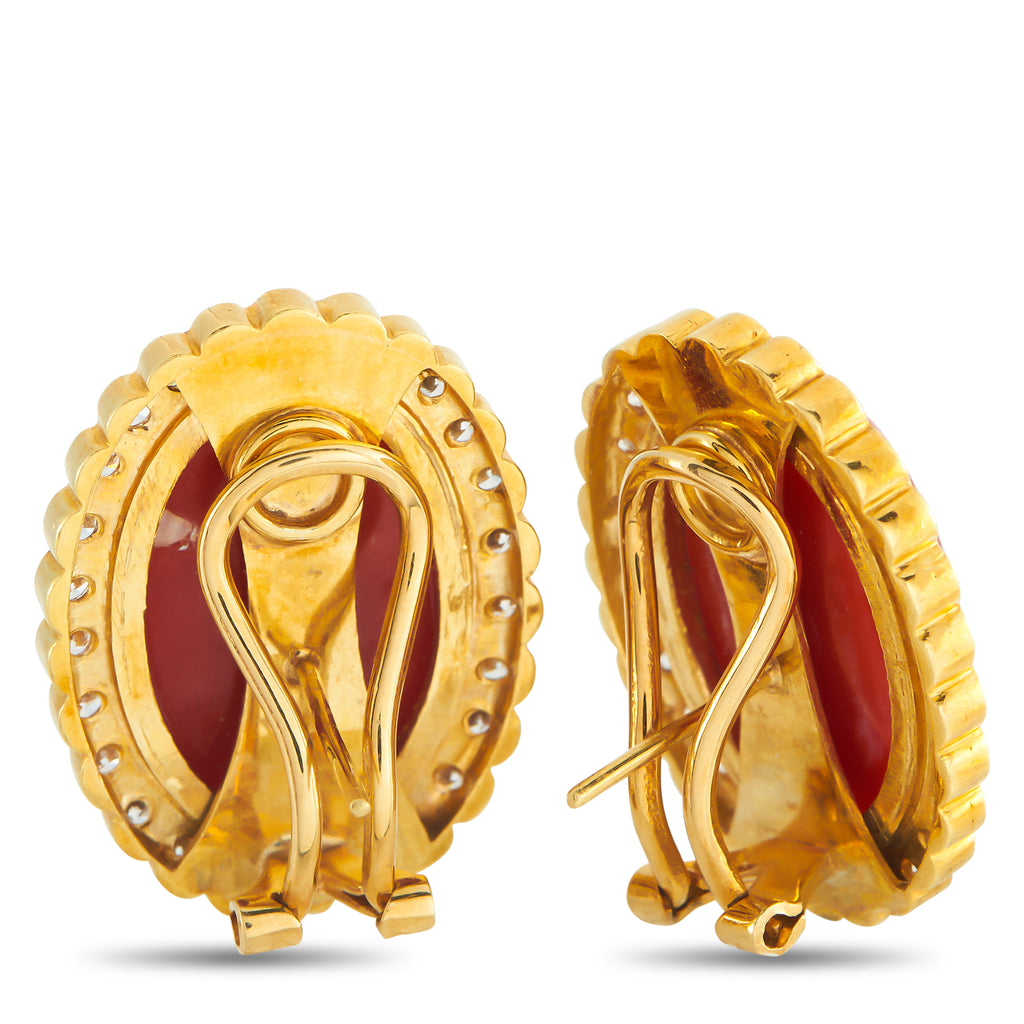 18K Yellow Gold 1.80ct Diamond and Coral Earrings