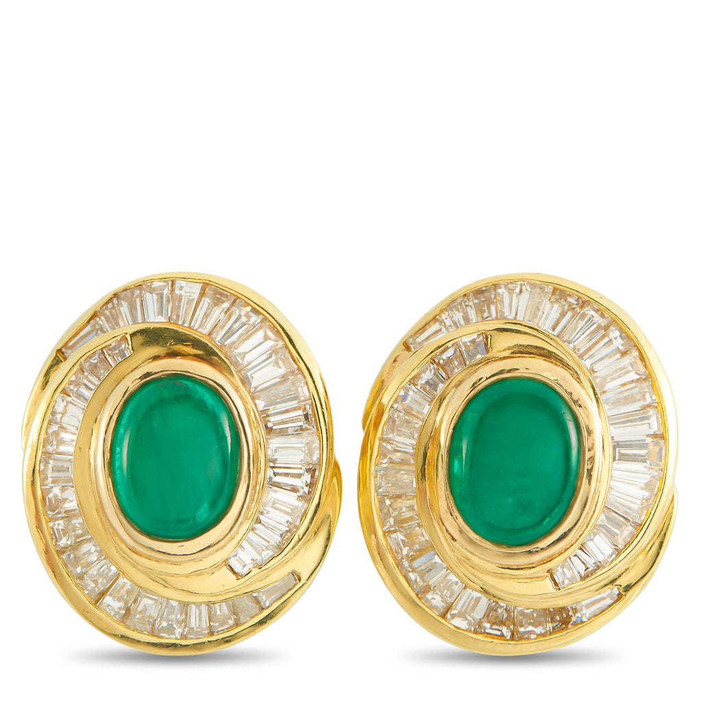 18K Yellow Gold 3.40ct Diamond and Emerald Clip-On Earrings